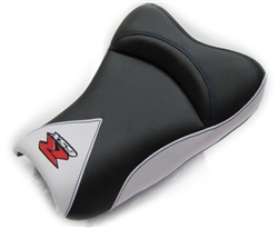 "New Image" Black & White Carbon Fiber GSXR 600/750/1000 Custom Shaped & Covered Front Seat w/Red & Chrome Embroidering