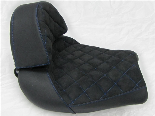 Hayabusa Custom Shaped Black Suede Front Seat w/Zippered Hump Pad & Blue  Cross Stitching