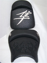 Custom Hayabusa Front & Rear Seats Black Ostrich Fiber w/Chrome Embroidering