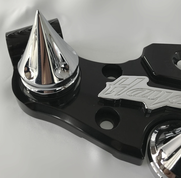 08+ Hayabusa 3D Black/Chrome Engraved Smooth Lowering Triple Tree w/Built  In Ignition Cover/ Grooved Spike Fork & Yoke Cap Package