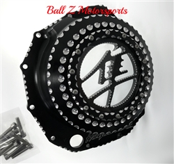 Custom Black/Silver Contrast Ball Cut Hayabusa Metal Kanji See Through Clutch Cover